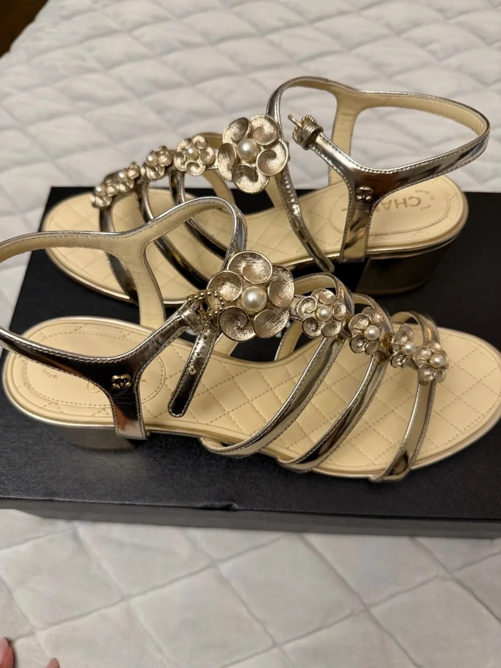 Chanel gold sandal with pearl flower detail